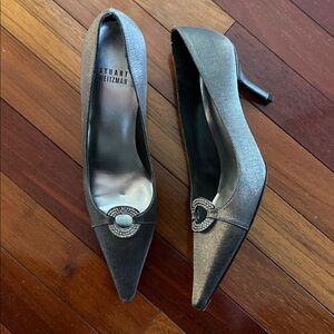 Stuart Weitzman Metallic Silver Heels Pumps Rhinestone 7N Narrow Glam Party